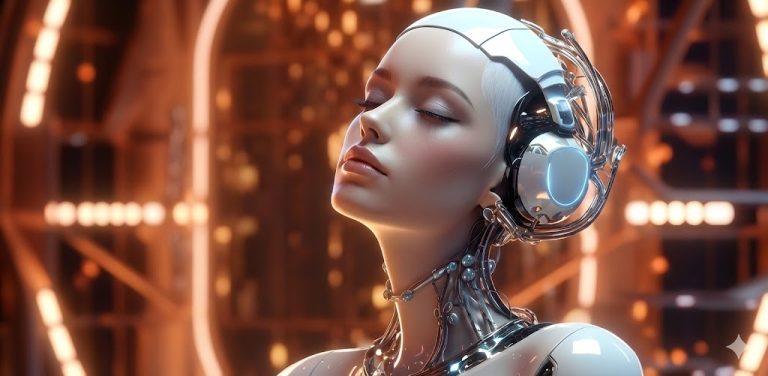 AI-generated futuristic music creation concept with a robot woman and abstract digital background, representing AI music copyright and licensing in 2026.